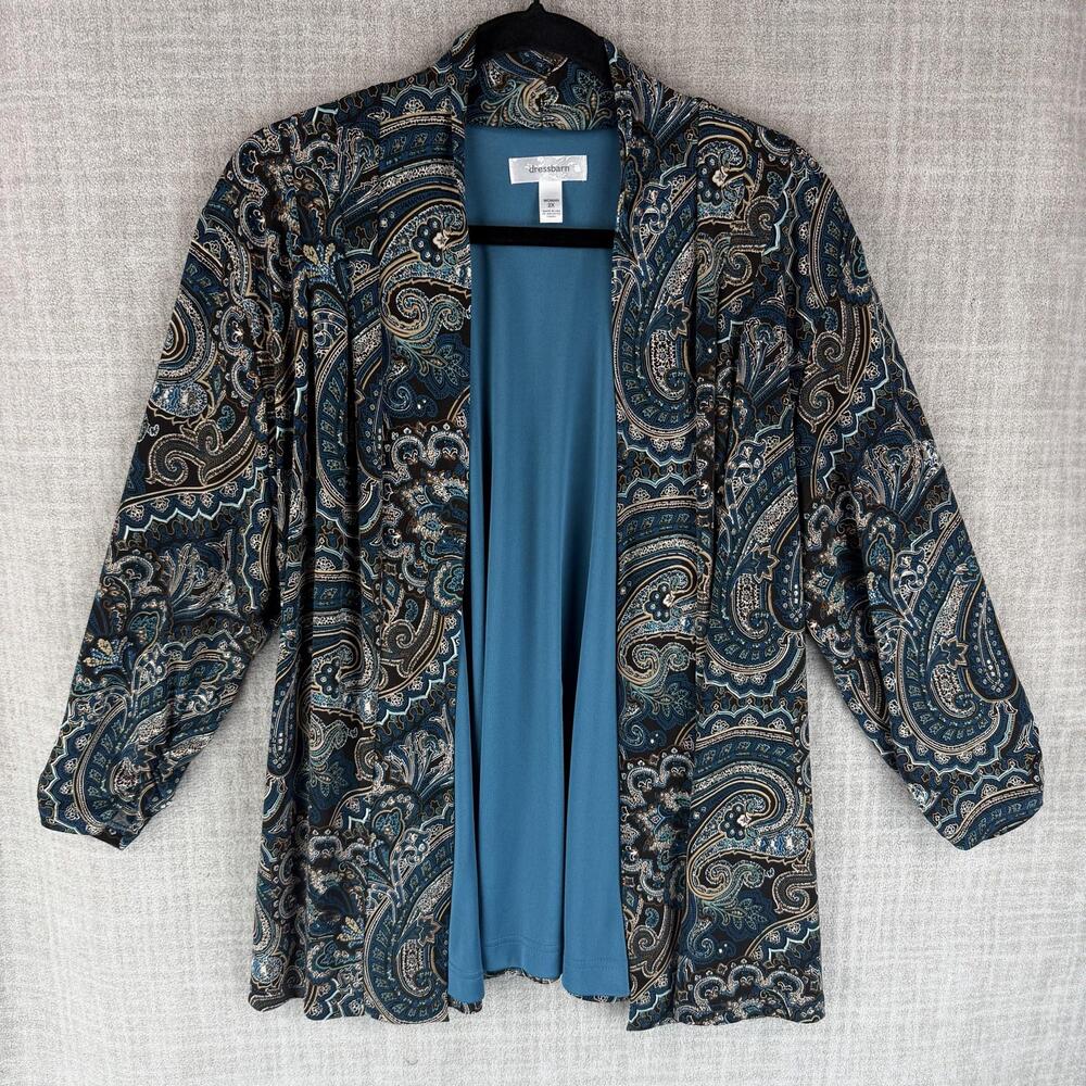 Dressbarn Coatigan Womens 2X Blue Paisley Collarless Lined Open Lightweight
